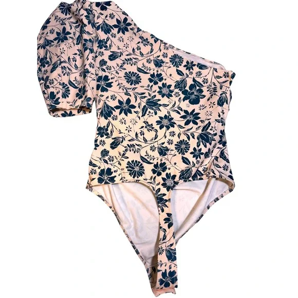 Free People Intimately One Shoulder Puff Sleeve Floral Bodysuit Teal Cream XS - Picture 5 of 7